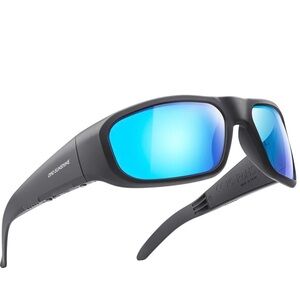 OPO Sunshine Men's Polarized Wrap Sunglasses - Black Frame, Blue Mirror Lenses